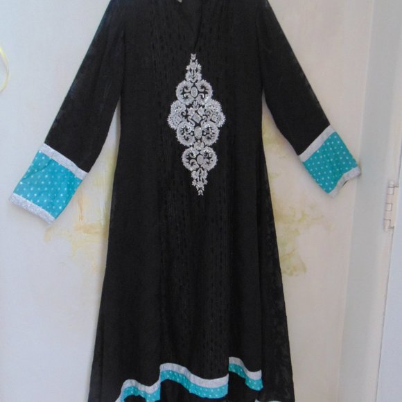 Ashraf Saleem Caftan Dress Long Black Kaftan Silver Embroidery Beads Sz S Hi Low - Picture 4 of 12